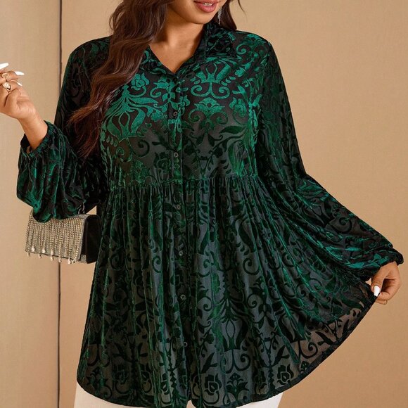 Dark Green Boho Women's Velvet Blouse